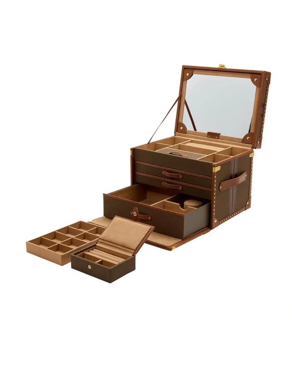WOLF Brown and Tan Jewelry Travel Case with Gold Hardware